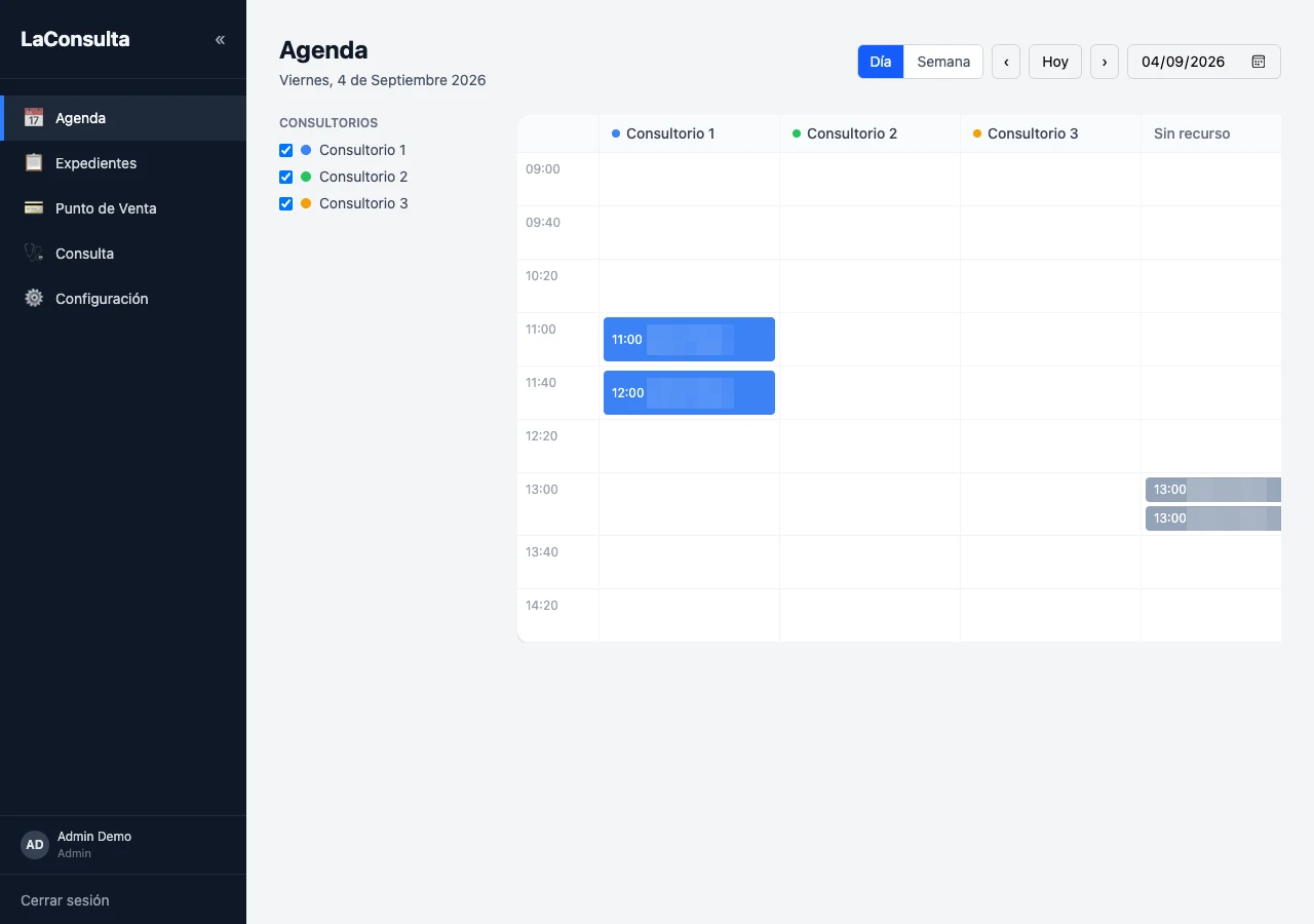 Vista de agenda diaria de La Consulta con tres consultorios
