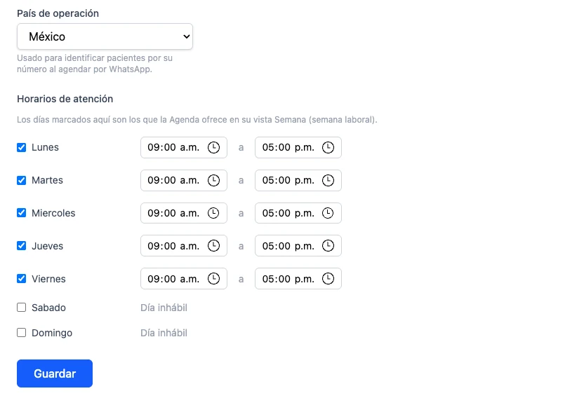 Configuración de horarios de atención por día en La Consulta